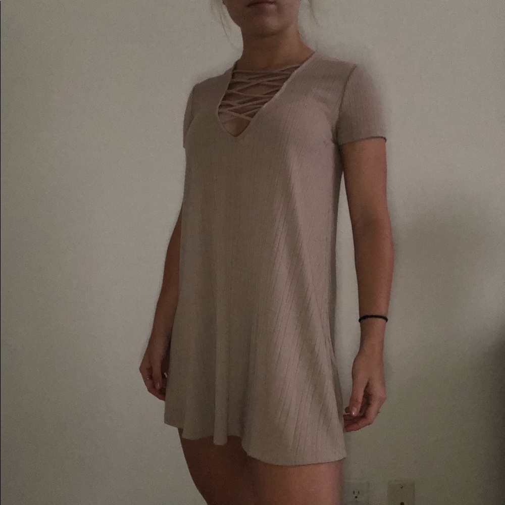 tan ribbed dress with front cutout